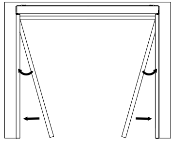 Diagram showing two side panels rotating inward with arrows indicating pivot direction and outward floor spacing