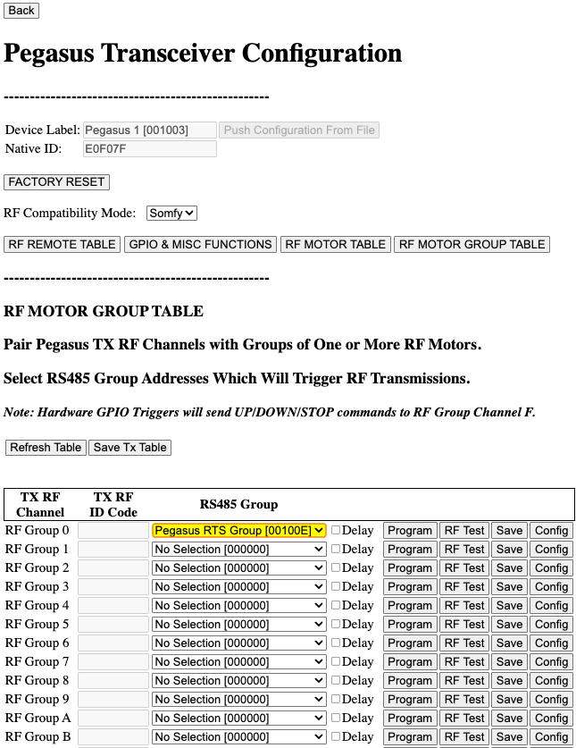 RF Motor Table Config