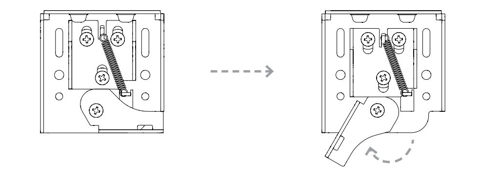Bracket latch rotating open, shown in before-and-after diagram with directional arrow