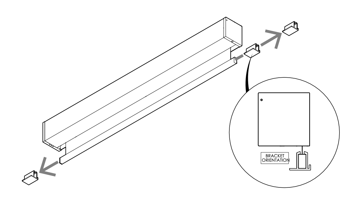 Exploded diagram showing end caps separating from both ends of a screen cassette, with inset detail of bracket orientation at end cap attachment point