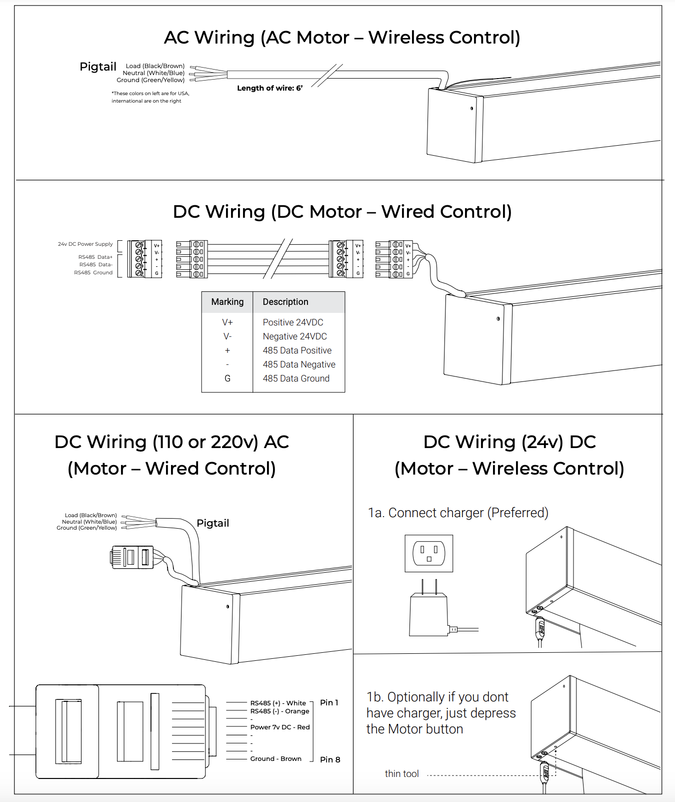 AC and DC motor wiring diagrams showing pigtail connections, RS485 terminals, and wireless charger port options