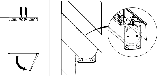 Motor bracket rotating downward and aligning into Solo 3 cassette end cap, with zoomed detail of bracket attachment point