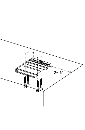 Ceiling bracket positioned 2 to 6 inches from wall edge, with four screws inserting upward into surface
