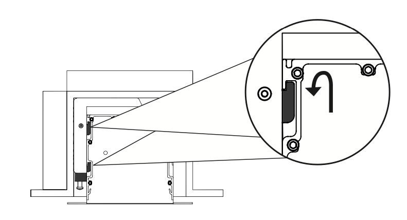 Cross-section diagram showing L-bracket hook rotating downward, with callout circle highlighting adjustment direction arrow