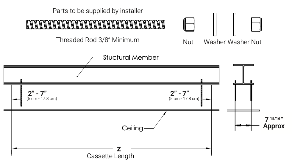 Technical drawing showing threaded rod installation specifications and spacing requirements