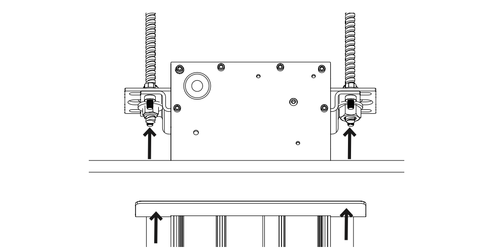 Motor housing mounted on two suspended brackets with threaded rods, arrows indicating upward installation direction