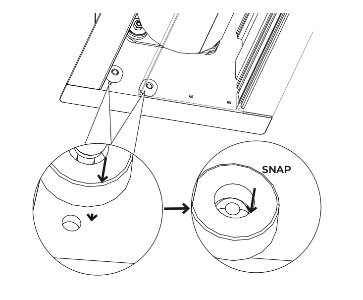 Diagram showing snap-fit bracket detail with arrows indicating pressing cap down until it snaps into locked position