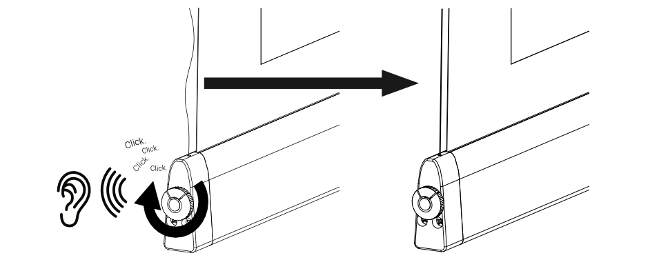 Diagram showing knob turned clockwise with audible clicks to apply tension on the string tab adjuster