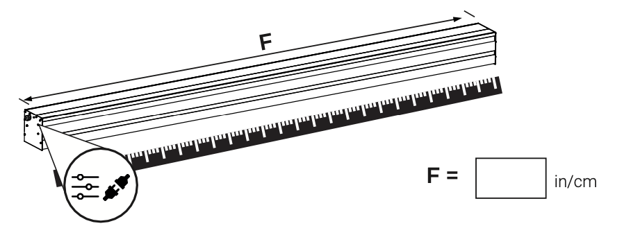 Diagram showing roller shade case length measurement labeled F, with inset detail of wiring connectors at left end