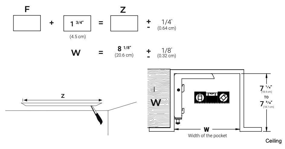 Diagram showing pocket dimension formulas: Z equals fabric width F plus 1¾ inches, W equals 8⅛ inches, with cross-section view of screen case inside ceiling pocket showing Z width and W pocket width of 7¼ to 7⅜ inches height