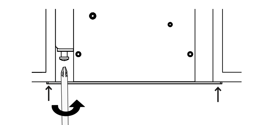 Screwdriver rotating to tighten L-bracket screw, raising case upward toward ceiling