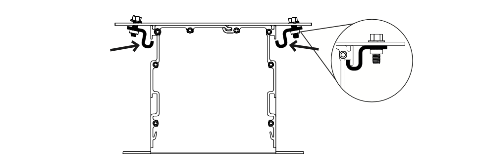 Arrows indicating hook insertion points on L-brackets at top of case, with close-up detail inset