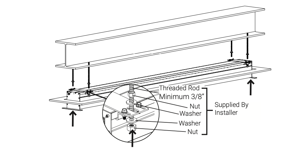Diagram showing threaded rod suspended bracket assembly with labeled nut, washer, and rod components supplied by installer