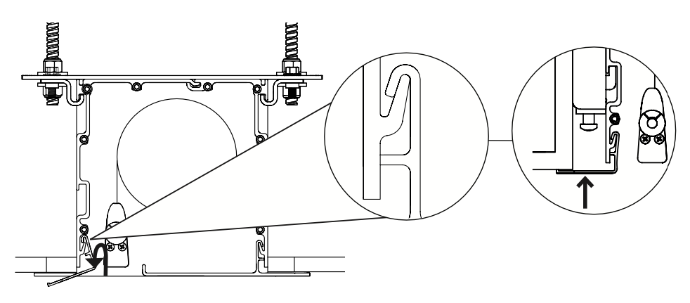 Cross-section diagram showing case hook engaging L-bracket, with callouts of hook shape and upward-arrow raise direction