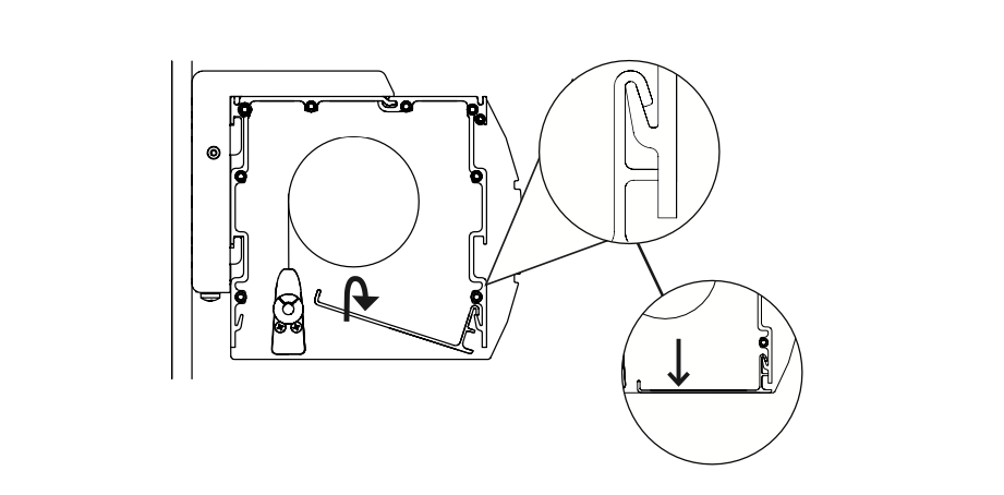 Diagram showing hook rotating to hang case onto L bracket, with callouts of hook engagement and downward slide direction