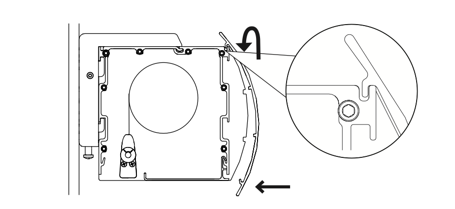 Fascia hook inserted into case edge with callout showing locking screw detail and slide direction arrows