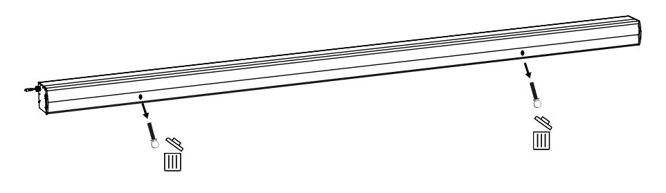 Diagram showing two screws being inserted into the underside of a roller shade case at two points along its length