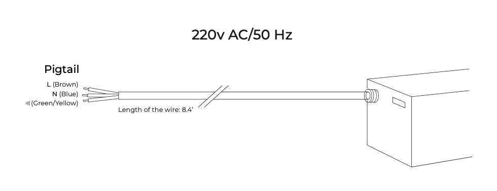 220v AC/50 Hz pigtail wiring diagram showing L, N, and ground leads connecting via 8.4-foot wire to motor housing