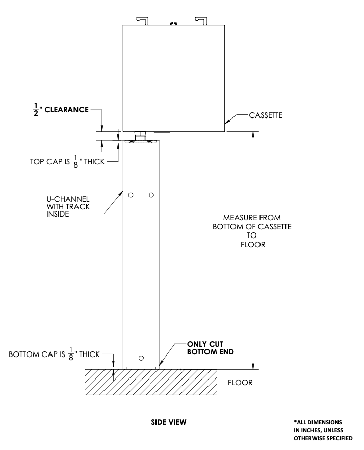 Side view diagram showing cassette, U-channel with track, 1/2-inch clearance, cap thickness, and floor measurement reference for cutting bottom end only.