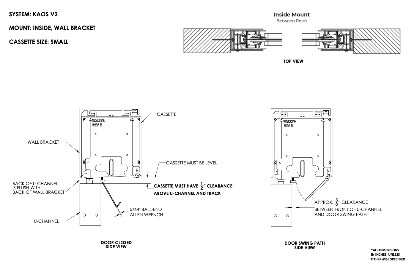 KAOS V2 small cassette inside wall bracket mount diagram showing door closed and door swing path side views with clearance callouts