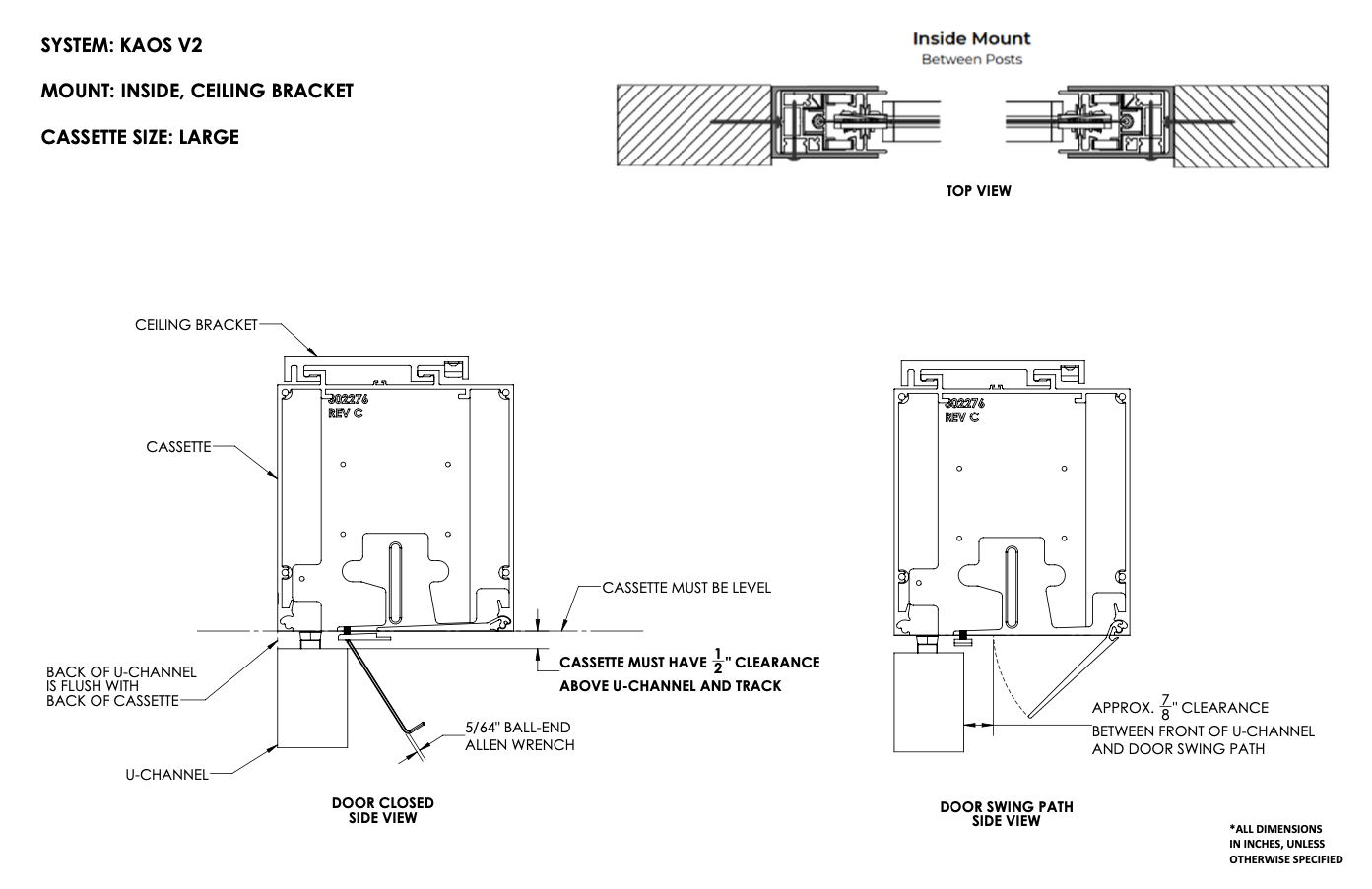 KAOS V2 large cassette inside ceiling bracket mount diagram showing door-closed side view, door swing path side view, and between-posts top view with labeled clearance dimensions