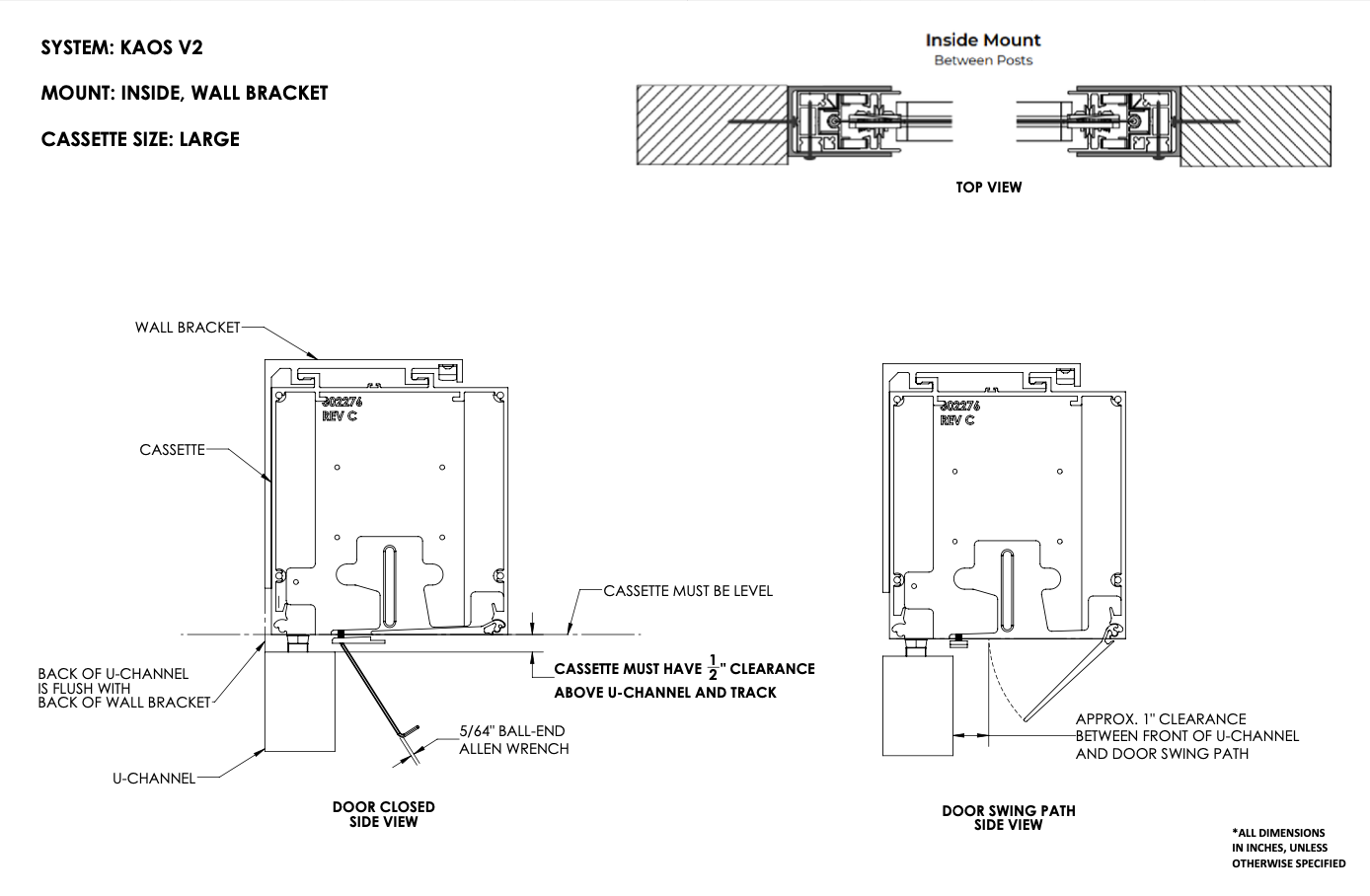 KAOS V2 large cassette inside wall bracket mount: side view diagrams showing door closed and door swing path clearances, with top view cross-sections between posts