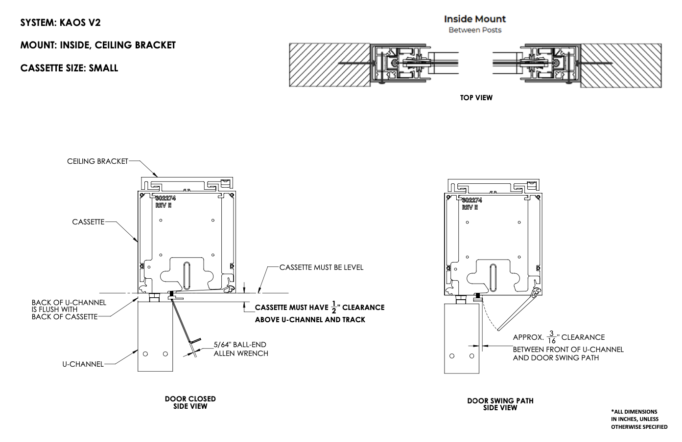 KAOS V2 small cassette inside ceiling bracket mount diagram showing top view, door closed side view with labeled components, and door swing path clearance dimensions