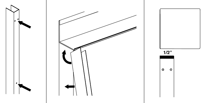 Diagram showing bracket screw tightening, angled track insertion into channel, and 1/2-inch bracket hole detail