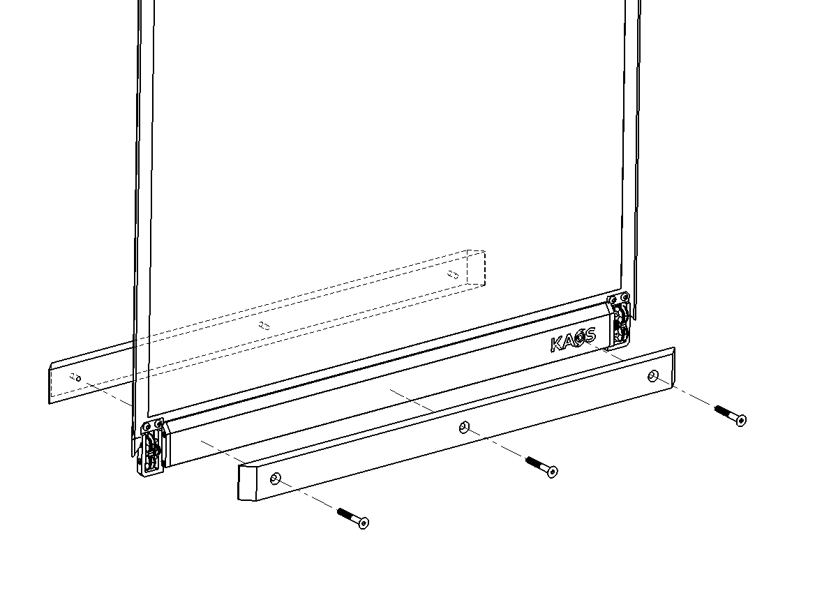 KAOS cassette with fabric roll partially extended, showing screw attachment points along bottom track bracket