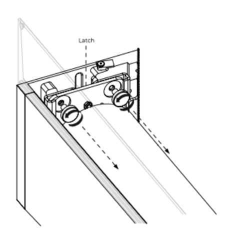 Diagram showing latch location on bracket with arrow indicating roll removal direction