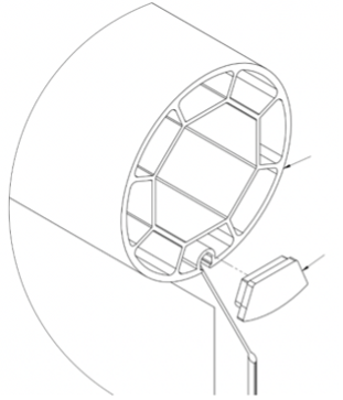 Red hook-and-loop strap securing black bracket with yellow tension screws on shade tube end