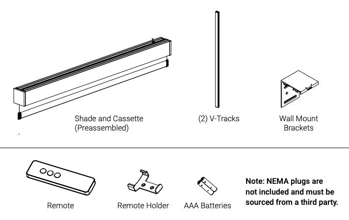 Exploded diagram showing shade and cassette, two V-Tracks, wall mount brackets, remote, remote holder, and AAA batteries