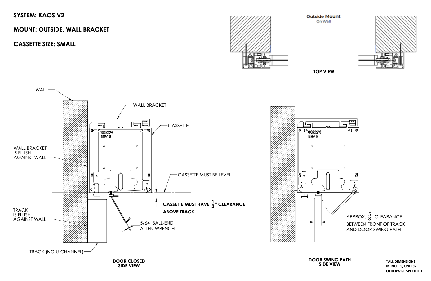 KAOS V2 small cassette outside wall mount side view and door swing path clearance diagrams with labeled dimensions