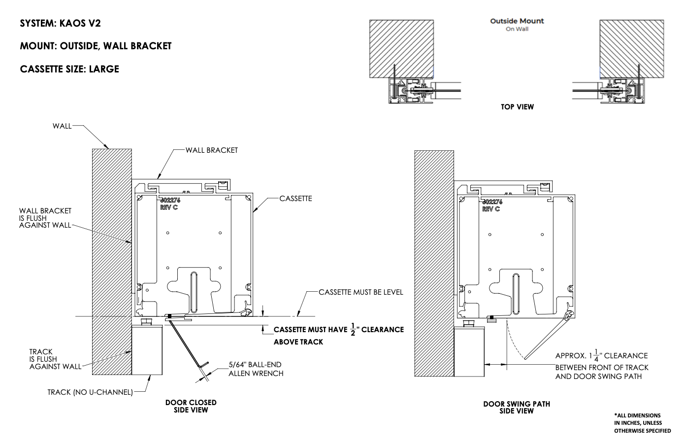KAOS V2 large cassette outside wall bracket mount: side view diagrams showing cassette clearance, track placement, and door swing path with labeled dimensions