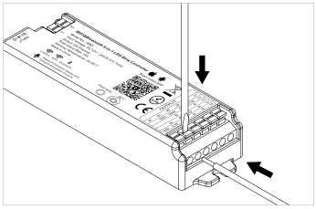 Two arrows indicating wire insertion points into IP LED controller terminal block
