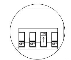 Close-up diagram of four DIP switches with third switch flipped to ON position, others OFF