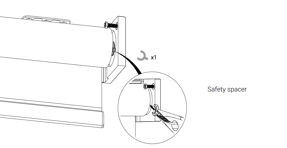Exploded diagram showing safety spacer installation with screw on projector housing end cap, with callout circle