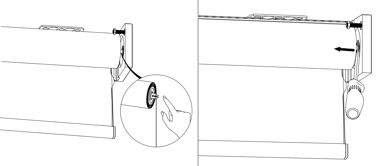 Finger pressing tension adjustment screw on bracket end cap, with close-up callout detail and arrow indicating motor head push-in connection point