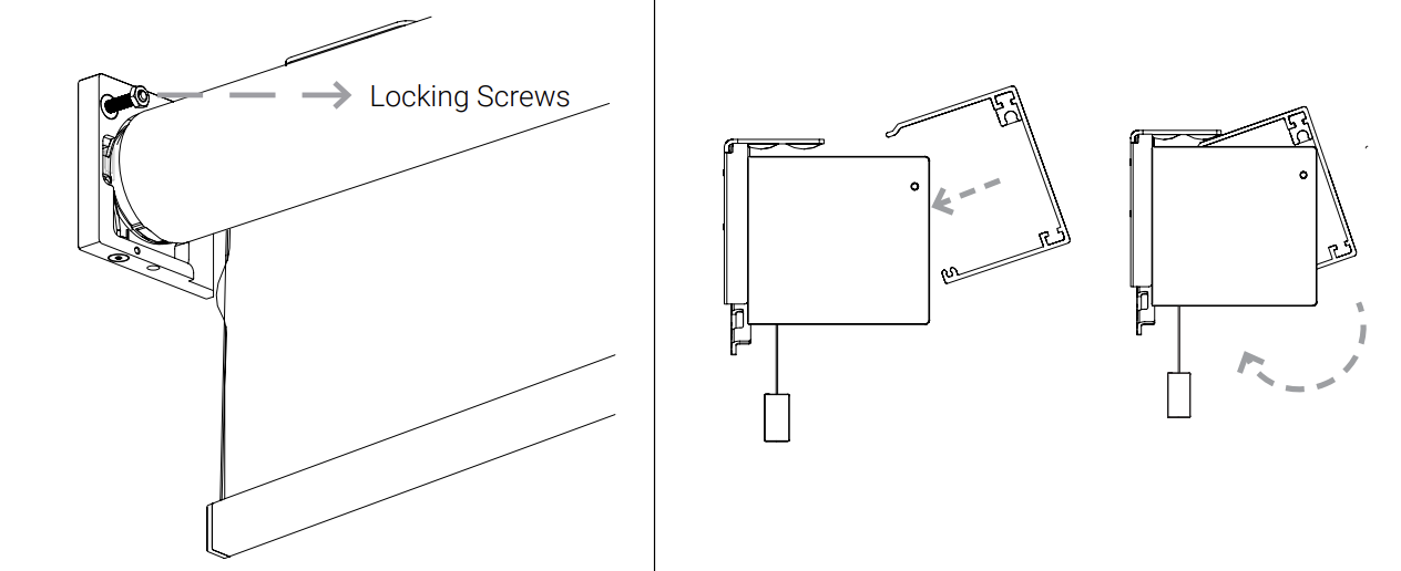 Diagram showing locking screws on motor head bracket and two views of end cap panel insertion and rotation into housing