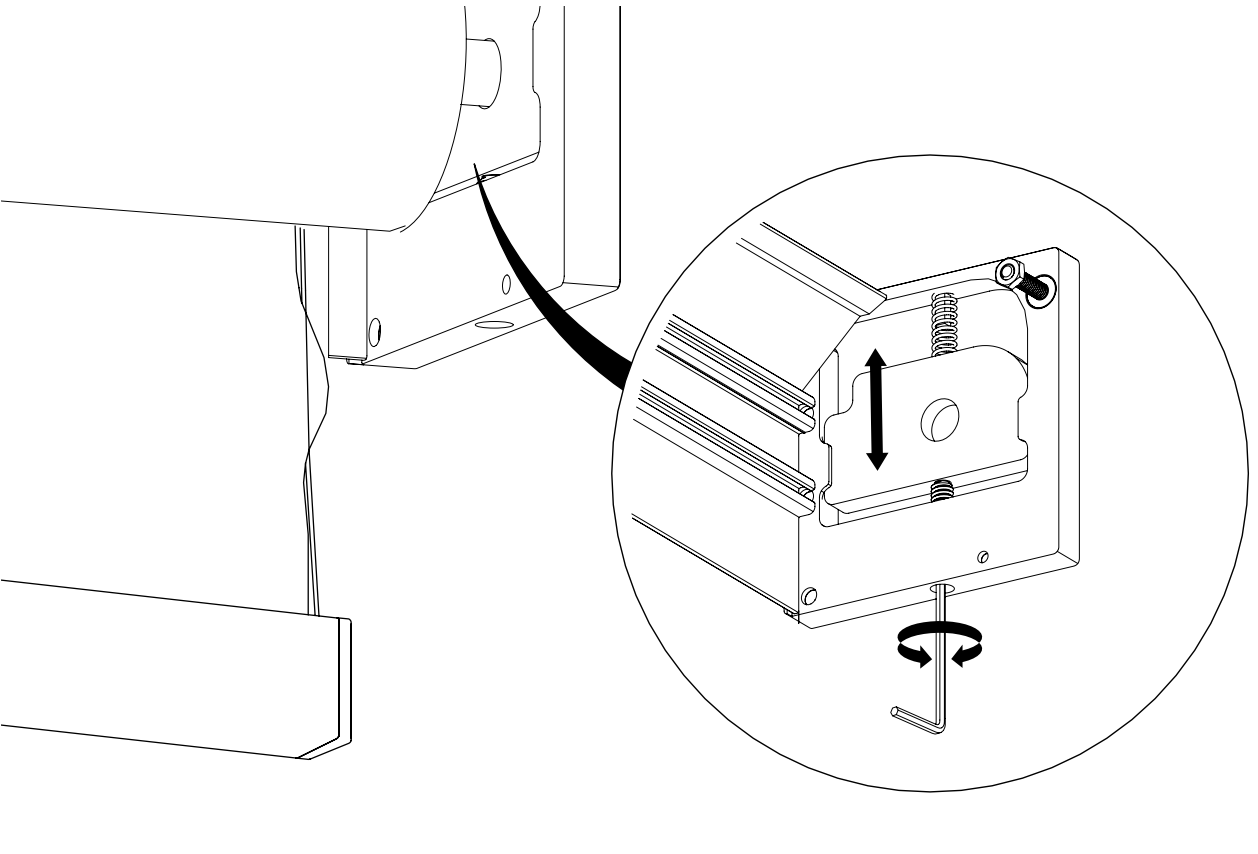 Closeup diagram showing bracket adjustment with vertical movement arrows and Allen key rotation indicator