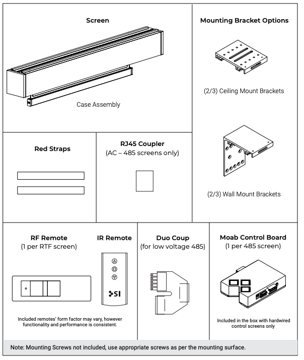 Exploded diagram showing Solo 3 box contents: case assembly, red straps, RJ45 coupler, ceiling and wall mount brackets, RF remote, IR remote, Duo Coup connector, and Moab Control Board