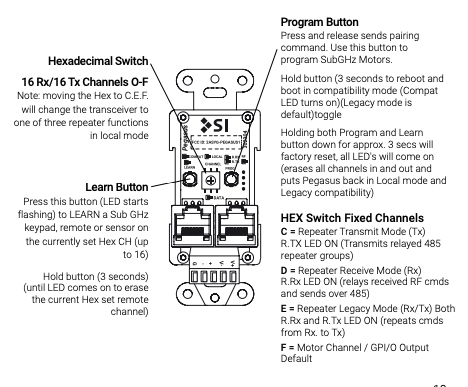 Pegasus 375 device diagram labeling Hexadecimal Switch, Learn Button, Program Button, and HEX Switch Fixed Channels with descriptions