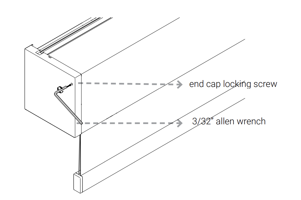 Diagram showing end cap locking screw location and 3/32-inch allen wrench on Solo 3 screen end cap