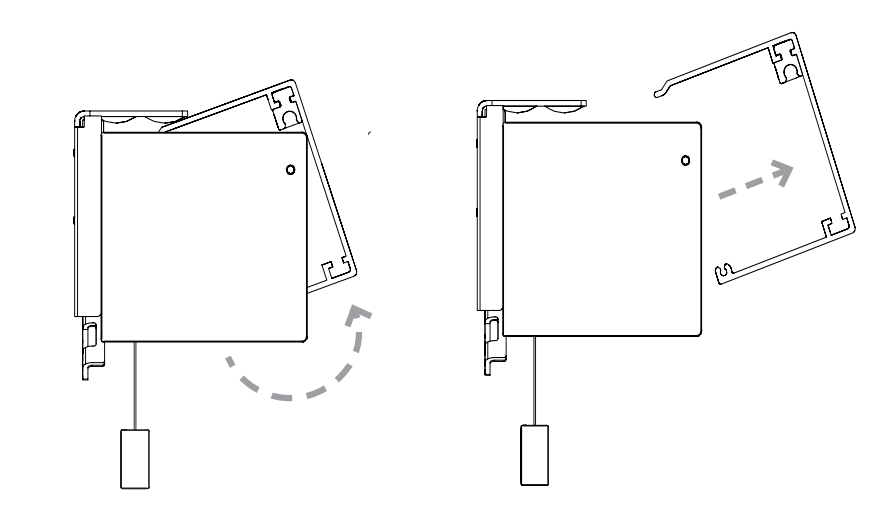 Two diagrams showing Solo 3 motor head cover rotating open and sliding off for removal