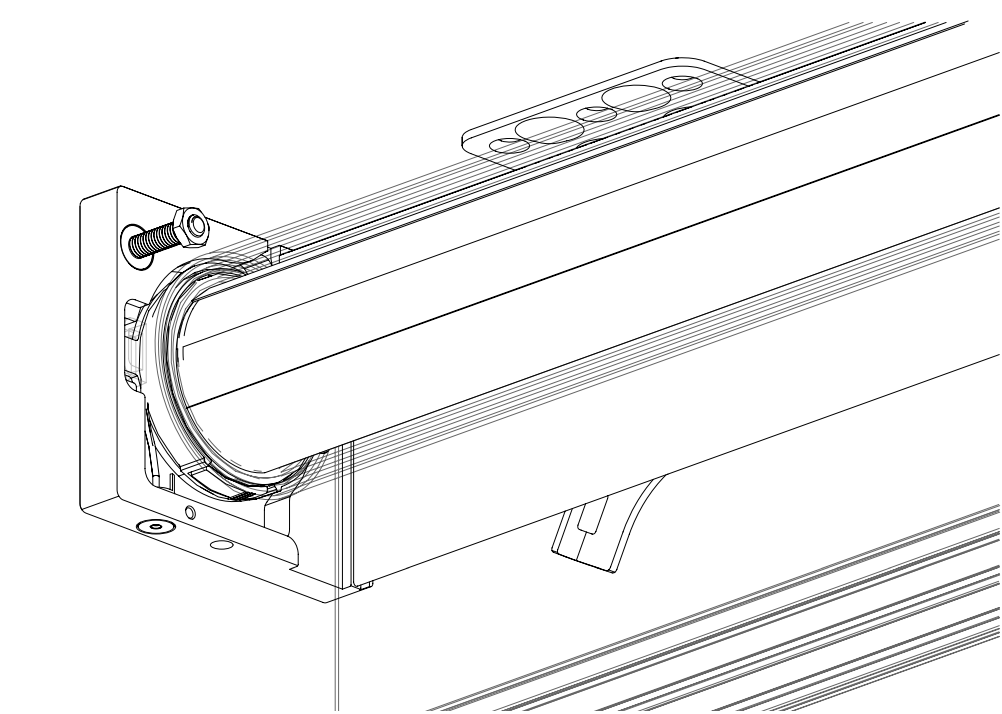 Exploded diagram of roller shade end bracket with motor head and mounting screw detail