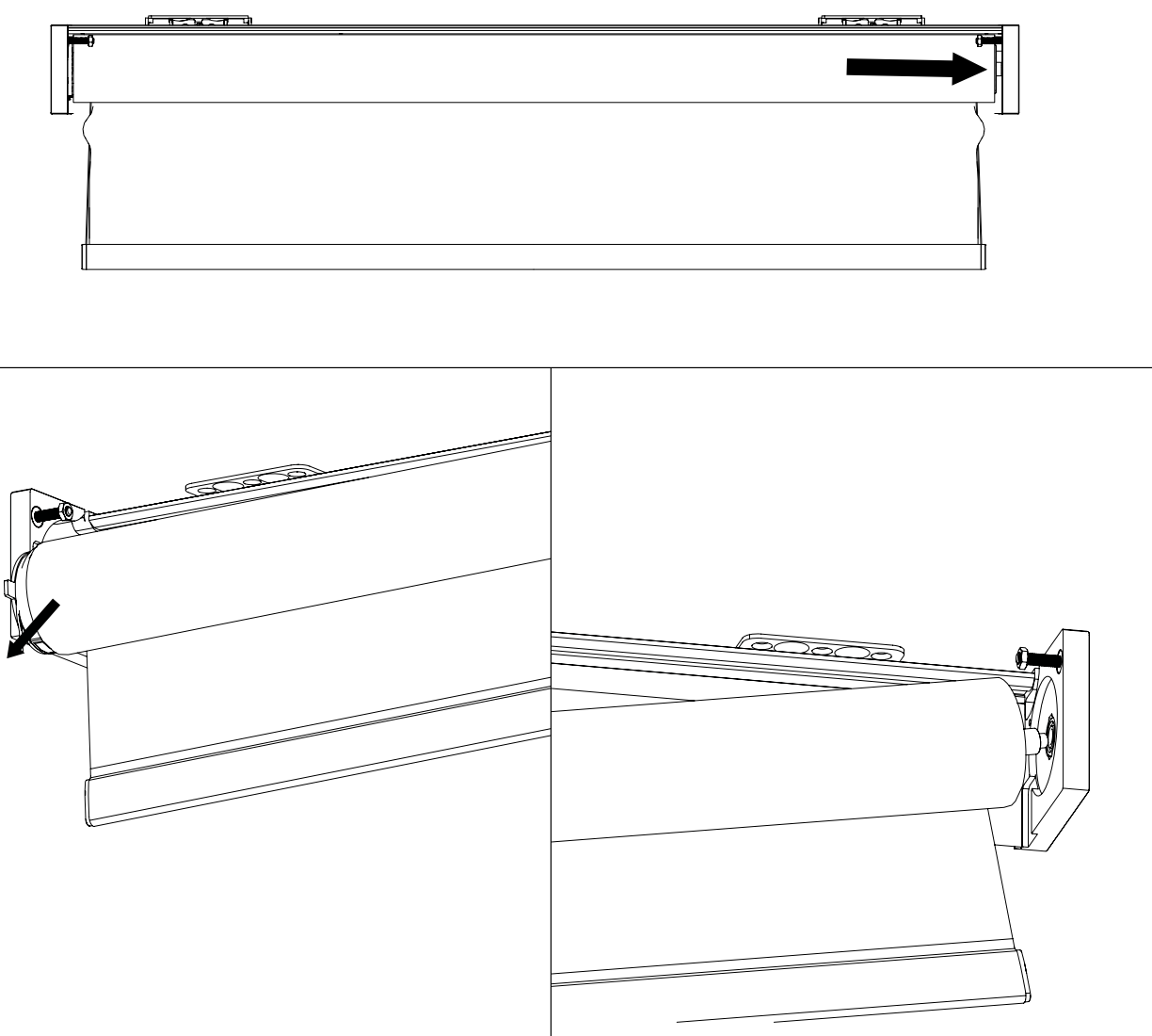 Front view of Solo 3 housing with arrow indicating sliding direction, plus two detail views showing left and right motor-end bracket attachment points.