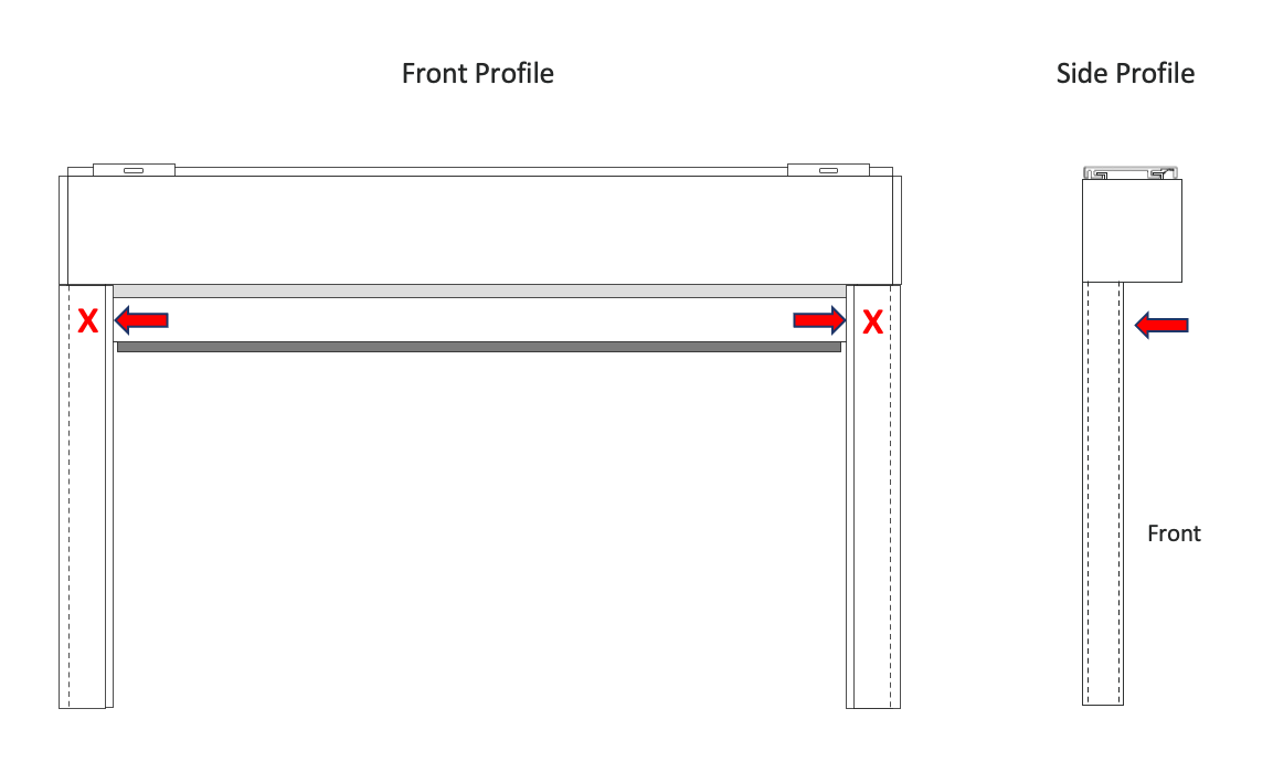 Front and side profile diagrams showing cassette bracket positioning with red arrows indicating outward extension points marked X