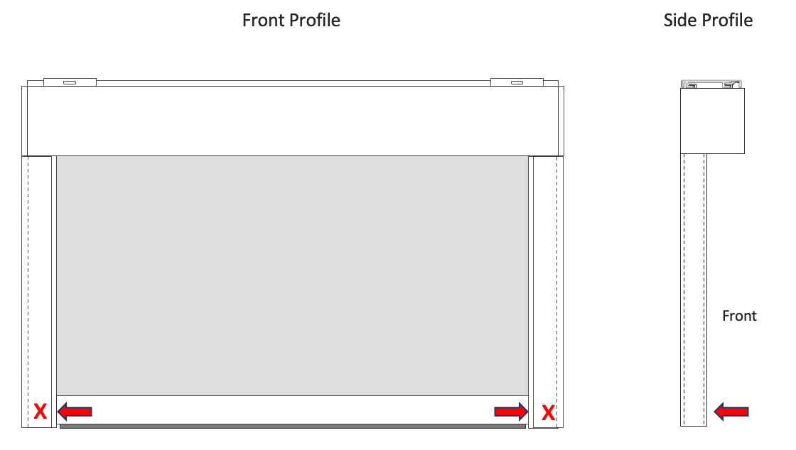 Front and side profile diagrams showing screen cassette with arrows indicating inward bracket positioning at bottom corners marked with X symbols