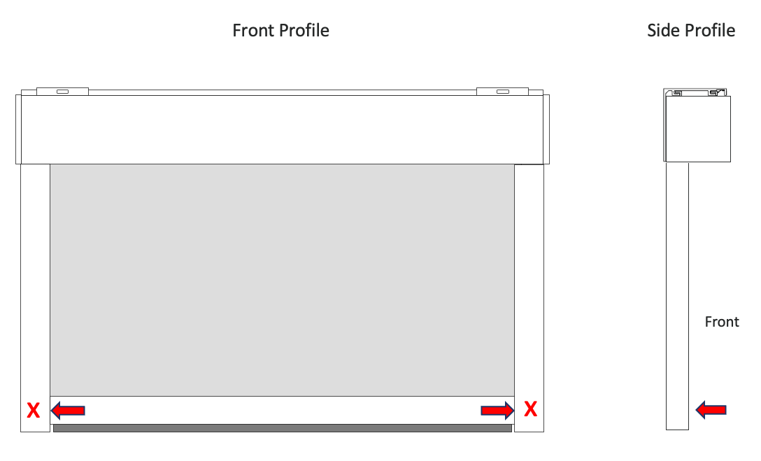Front and side profile diagrams of shade cassette with red arrows indicating bottom bar removal direction at both ends