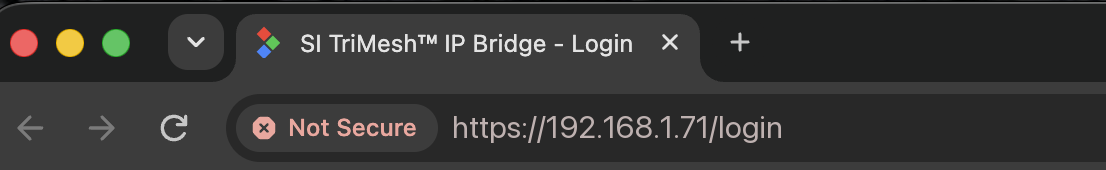 The address bar on a bridge page: "Not Secure", with https struck through. Expected on a local device, and safe to continue.
